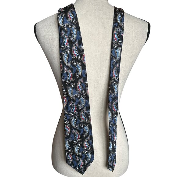 Oscardo by Elaine Paine Silk Tie Barracuda Abstract Fish Print Navy Red White - Picture 3 of 3